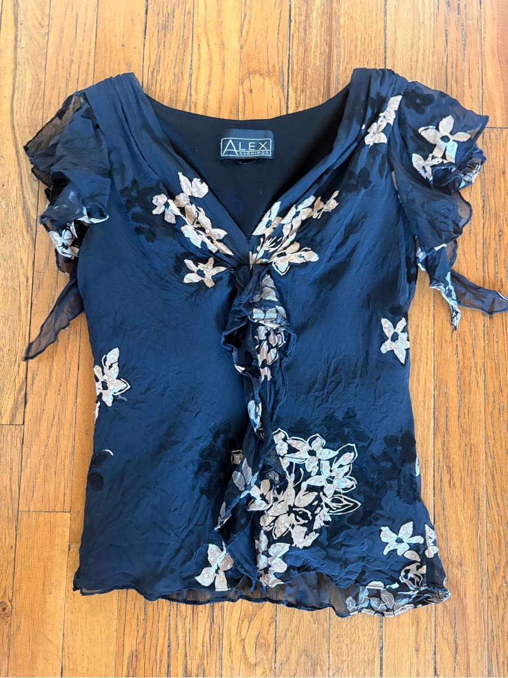Vintage Whimsy Goth Alex Evenings Ruffle V-Neck Short Sleeve Black Blouse